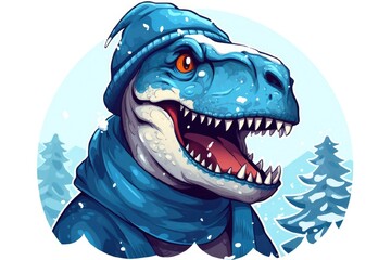 Illustration of T-Rex dinosaur wearing a winter hat on a white background