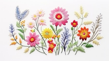 Handmade embroidery colorful flowers on white background. Handmade.