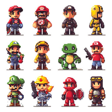 Pixel art retro video game characters isolated on white background, pop-art, png
