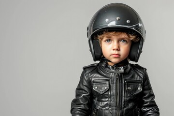 portrait of a little boy biker in a protective helmet in a black leather jacket, a male child in a...
