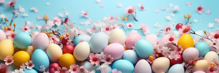 Easter background with Easter eggs and spring flowers. - obrazy, fototapety, plakaty