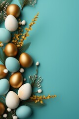 Decorated Easter eggs lie on green leaves. Happy Easter holiday concept.