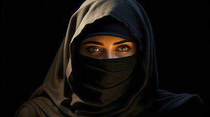 Fototapeta na wymiar Close up portrait of beautiful muslim woman in black hijab and niqab with green eyes on dark background