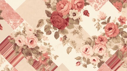 Vintage floral background with roses and ribbons. Seamless pattern.