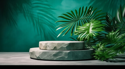 Concrete podium for cosmetics adorned with lush tropical leaves on a green background.