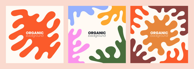 Obraz premium Hand drawn abstract colorful background set. Modern cards with creative trendy fluid shapes, doodle organic elements. Contemporary fanciful covers. Colored flat vector illustrations.