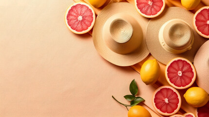 Straw hat adorned with vibrant citrus fruits on a soft background