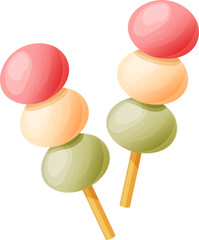 Two dango skewers with colorful sweet dumplings. Traditional Japanese dessert, pink, white and green mochi balls on sticks vector illustration.