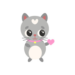 Fototapeta premium Cute cat with heart in kawaii style. Vector isolated friendly kitten for kids or teenage sticker or print