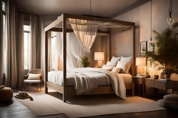 Fototapeta na wymiar A bedroom oasis with a canopy bed, soft textures, and ambient lighting creating a tranquil and inviting atmosphere.