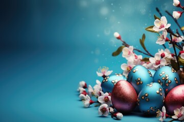 Happy Easter day; Holidays background with Easter eggs and spring flowers