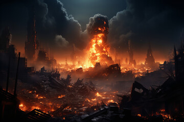 Ruined city on fire with destroyed buildings. War concept.
