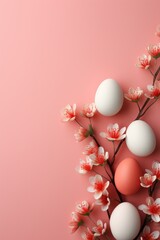 Fototapeta na wymiar Easter eggs and flowers flat lay on pink background