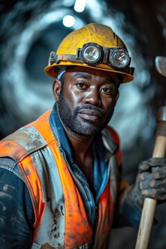 A black man in a hard hat and reflective vest with a pickaxe  in a mine