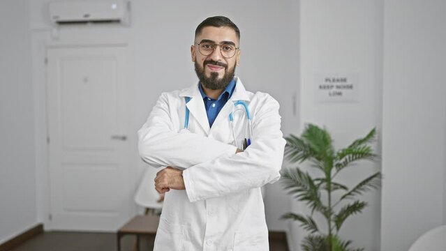 Confident male doctor with beard and glasses standing arms crossed in a white medical office interior.