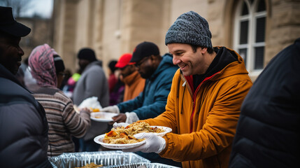 distribution of food to the American homeless of various races, Social problems. - obrazy, fototapety, plakaty