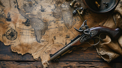Fototapeta na wymiar Old world map and vintage gun on wooden table, top view. Worn torn paper and rare instruments, background for journey theme. Concept of antique, history, discovery, retro, travel,