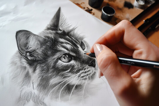Pencil drawing cat on paper on table, photorealistic face of cute pet, illustration. Painted animal portrait on white background and hand. Concept of design, art, nature, sketch.