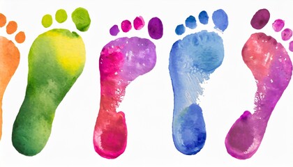 rainbow color human footprints way white background isolated colorful watercolor barefoot footsteps pattern foot print collection walking path illustration bare feet route trail imprint stamp mark