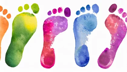 Fotobehang rainbow color human footprints way white background isolated colorful watercolor barefoot footsteps pattern foot print collection walking path illustration bare feet route trail imprint stamp mark © Wendy