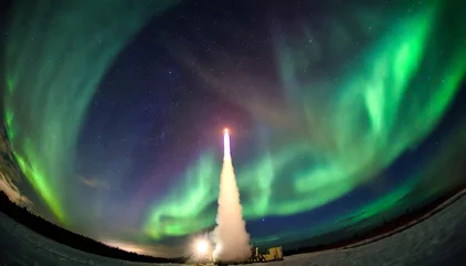 Fototapeten missile launch at night with aurora polaris fish eye lens the elements of this image furnished by nasa © Wendy