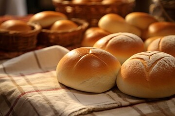 Close-up of bread buns on a table. Generative AI