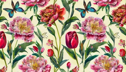 Tuinposter vintage floral pattern with peonies tulips buds flowers butterflies botanical seamless wallpaper hand drawn realistic design for fabric paper packaging postcards backgrounds © Wendy
