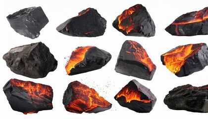red hot coal stones set isolated white burning natural black charcoal pieces texture flaming anthracite rocks glowing coal nuggets smolder orange embers mineral fossil fuel fire mining industry