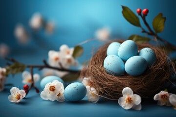Easter background with Easter eggs in bird nest. Spring holiday
