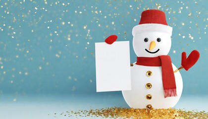 3d render happy snowman waving hand holds white paper gold glitter confetti over the blue background christmas greeting card template with copy space seasonal holiday wallpaper