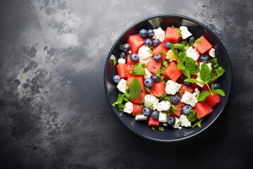 Summer salad with watermelon, blueberries and feta cheese, above view on a dark stone background, Image for booklets, menus