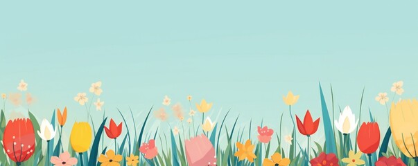 Flat cartoonish style easter banner with colorful eggs, grass and flowers, with empty copy space Generative AI