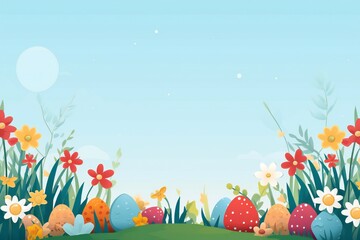 Obraz na płótnie Canvas Flat cartoonish style easter banner with colorful eggs, grass and flowers, with empty copy space Generative AI