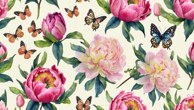 vintage floral pattern with peonies tulips buds flowers butterflies botanical seamless wallpaper hand drawn realistic design for fabric paper packaging postcards backgrounds