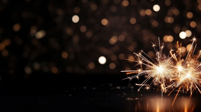 Silvester, christmas, birthday, ney year eve, celebration, sparkle on focus in black background with golden blurred bokeh