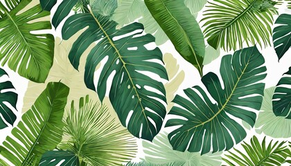 botanical illustration tropical seamless pattern rainforest jungle palm leaves monstera colocasia banana hand drawing for design of fabric paper wallpaper notebook covers - obrazy, fototapety, plakaty