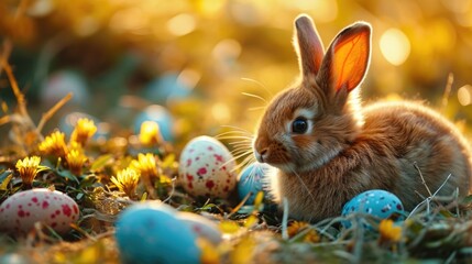 Fototapeta na wymiar rabbit and easter eggs in the garden grass