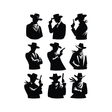 set of cowboy face silhouette vector black and white