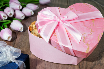 A box of heart-shaped candies for Valentine's Day