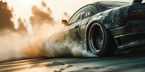 Close-up of a black car with drifting wheels in a cloud of smoke. Tire rubbing, drifting on a car or sports car, copy space. - obrazy, fototapety, plakaty