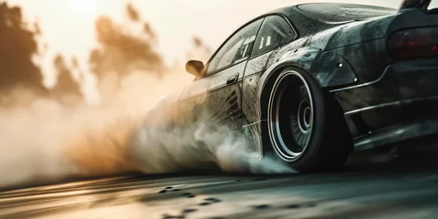 Fotobehang Close-up of a black car with drifting wheels in a cloud of smoke. Tire rubbing, drifting on a car or sports car, copy space. © dinastya