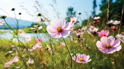 Fototapeta premium A stunning summer landscape unfolds as yellow and white daisies, clovers