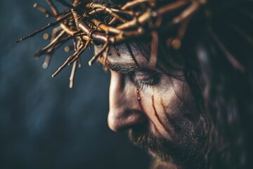 Divine Sacrifice: A powerful portrayal of Jesus Christ in pain with the crown of thorns, a symbol of the Christian belief in redemption, and the miraculous resurrection celebrated during the Easter  - obrazy, fototapety, plakaty