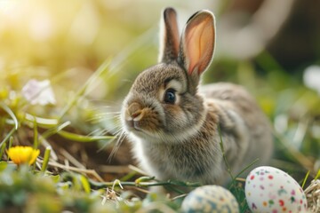 Fototapeta na wymiar Cute bunny and colorful Easter eggs in the grass