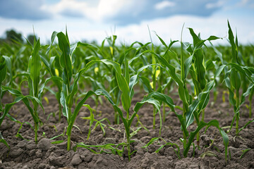 Young corn plants growing on the field on a sunny day. Selective focus.