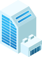 Isometric skyscraper building with modern architecture, blue windows and an annex. Cityscape, urban real estate and corporate building vector illustration.