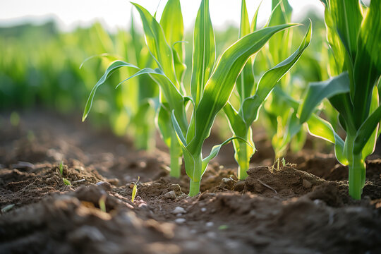 Young corn plants growing on the field on a sunny day. Selective focus.