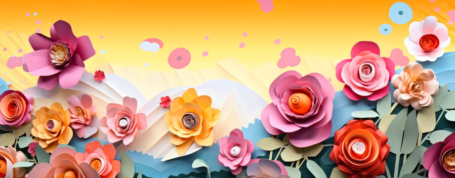 A vibrant display of paper flowers, creating a lively and festive floral background