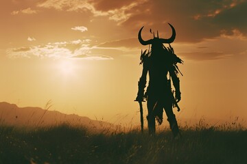 Mythical hydra in hell, standing in the open plain, silhouette of a warrior against. generative AI