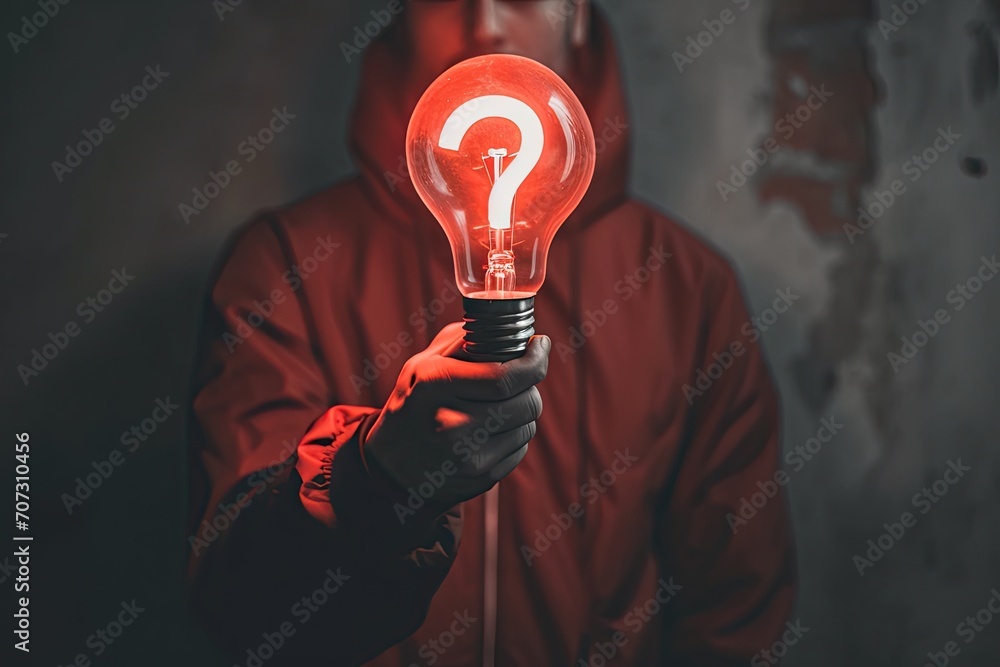Poster a person holding up a question mark with the light bulb up generative ai